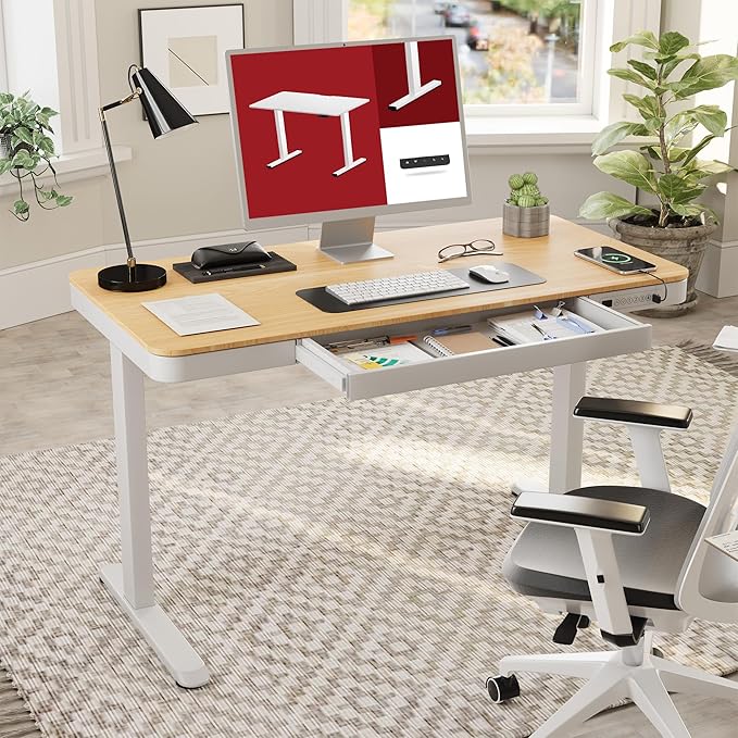 SANODESK Standing Desk with Drawer, Electric Height Adjustable Home Office Desk with Storage & USB Ports, 55 inch Maple Wood Tabletop/White Frame