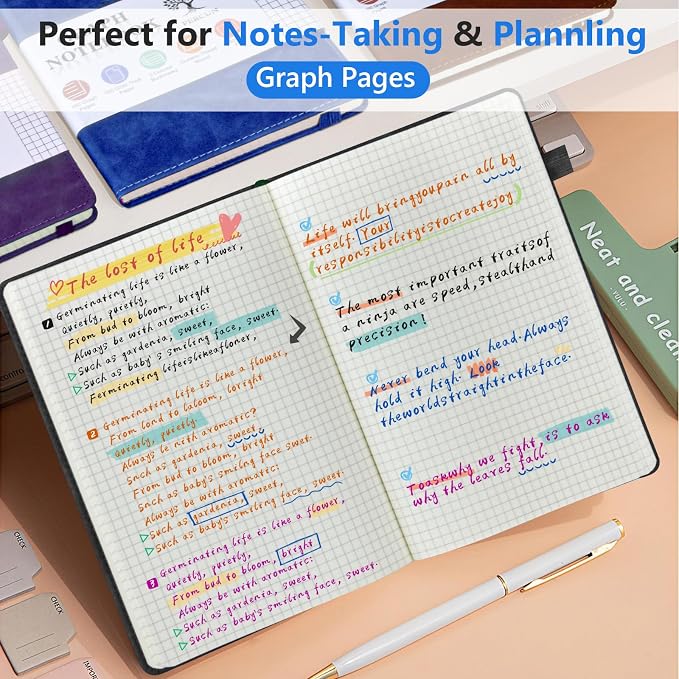 PERCUN A5 Hardcover Graph Paper Notebook, 5.9”x8.5” Leather Journal for Women & Men, 160 Pages Grid Paper Composition Notebook for Work, School, Math, Quad Ruled Writing Journals,Graphing (Black)