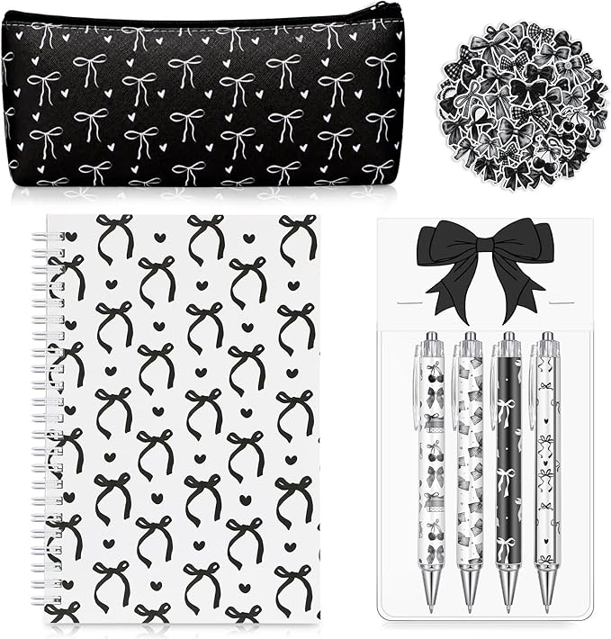 Sayglossy Black Bow Stationery Gift Coquette School Supplies Set Include Pens Aesthetic Journal Notebook Pencil Case and Stickers Preppy Back to School Supplies for Girl Students