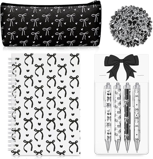 Sayglossy Black Bow Stationery Gift Coquette School Supplies Set Include Pens Aesthetic Journal Notebook Pencil Case and Stickers Preppy Back to School Supplies for Girl Students