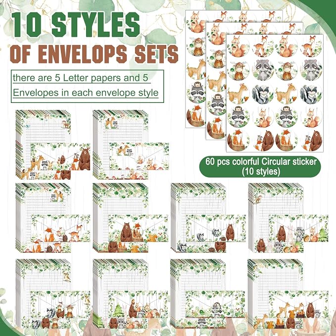 TaoBary 160 Pcs Stationery Paper Set 50 Double Sided Stationery Papers with 50 Matching Envelopes and 60 Round Dot Sticker, 10 Design(Woodland Animal,8.5 x 11 Inch)