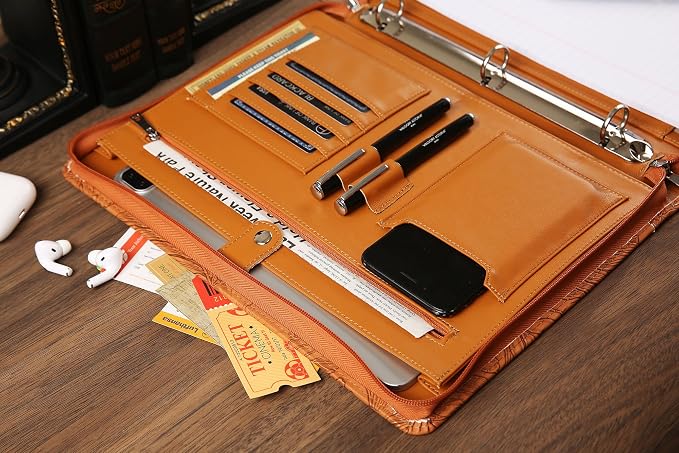 Vegan Leather Portfolio, Personalized 3 Ring Binder Padfolio for Women, Pink Leather, Handmade Organizer, Engraved Resume Folder (Brown Pattern, Custom)