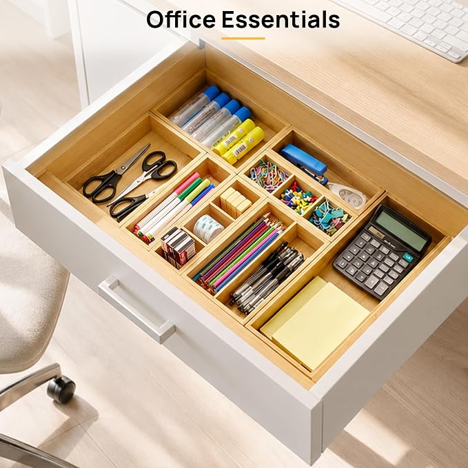 Vtopmart 7 Pack Bamboo Drawer Organizer Boxes, Junk Drawer Organizers | Natural Bamboo Storage Trays, Non-Slip Base, Kitchen Bathroom Office Vanity Drawers, Multi-Size Organizer Boxes, Makeup Tools