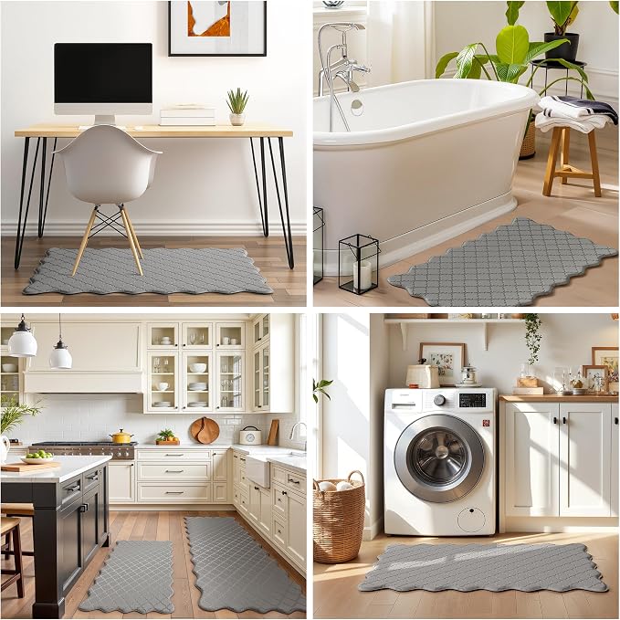 Arenarug Upgrade Scalloped Embossed Kitchen Mats for Floor 2PCS Cushioned Anti Fatigue Waterproof Foam Kitchen Rugs Non Slip Washable Comfort Standing Mat for Sink Laundry, 24"x39"+24"x59", Grey