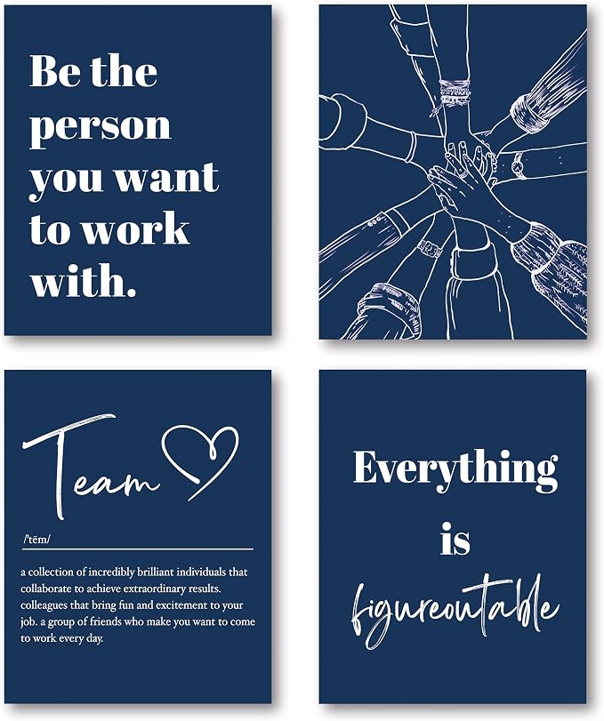 XWELLDAN Be The Person You Want to Work With Team Work Wall Art Decor, Motivational Office Artwork, 8x10 Unframed Set of 4 (Blue)