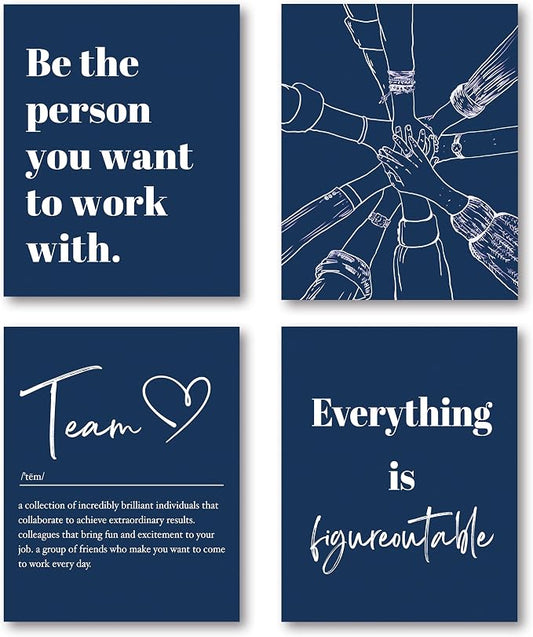 XWELLDAN Be The Person You Want to Work With Team Work Wall Art Decor, Motivational Office Artwork, 8x10 Unframed Set of 4 (Blue)