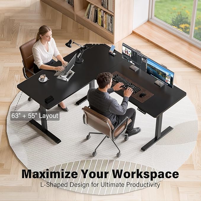 63 x 55 inch L-Shaped Standing Desk, Corner Computer Desk, Electric Standing Desk Adjustable Height, Sit to Stand Ergonomic Workstation for Home Office, Black