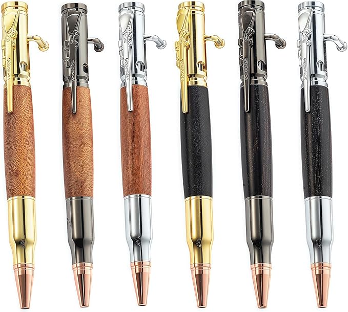 QZQUFJ 6 Piece Woodturning Bolt Action Pen Set for Men, Custom Pens Personalized, Fancy Cool, Unique Pen Sets for Gift, Bullet Engraved Wood, Rifle Gun Customized Pen