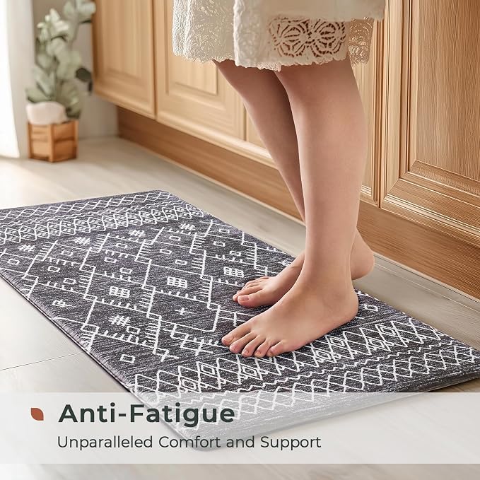 FRESHMINT Moroccan Kitchen Mat Set 2 Piece, 17x30''+17x47'', Black | Anti-Fatigue, Non Slip, Comfort, Kitchen Decor, Easy to Clean, Waterproof, Perfect for Kitchen, Laundry, Office
