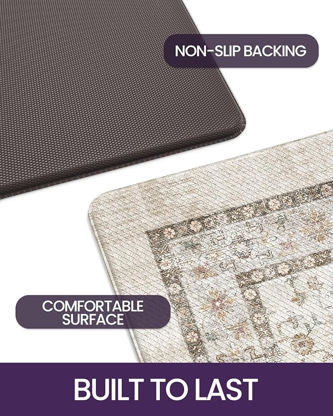 DEXI Kitchen Floor Mats Cushioned Anti Fatigue, 23x59 Long Wide Standing Comfort Runner Rug, Waterproof Retro Floral Memory Foam Padded for Front Sink Laundry, Beige/Ivory