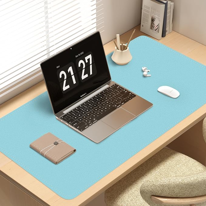 Bleswin Double-Sided Desk Mat, 23.6''×13.8'', PU Leather Mouse Pad, Waterproof Desk Pad, Laptop Leather Desk Mat, Protector for Keyboard and Mouse for Office and Home (Blue+Slivery)