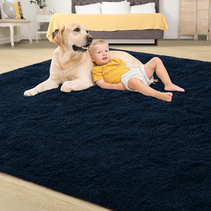 Tepook 5x8 Navy Blue Rugs for Living Room, Soft Fluffy Dark Blue Area Rug for Bedroom, Shaggy Plush Floor Carpet for Kids Girls Boys Room, Non-Slip Throw Carpets for Dorms Nursery Classroom Home Decor