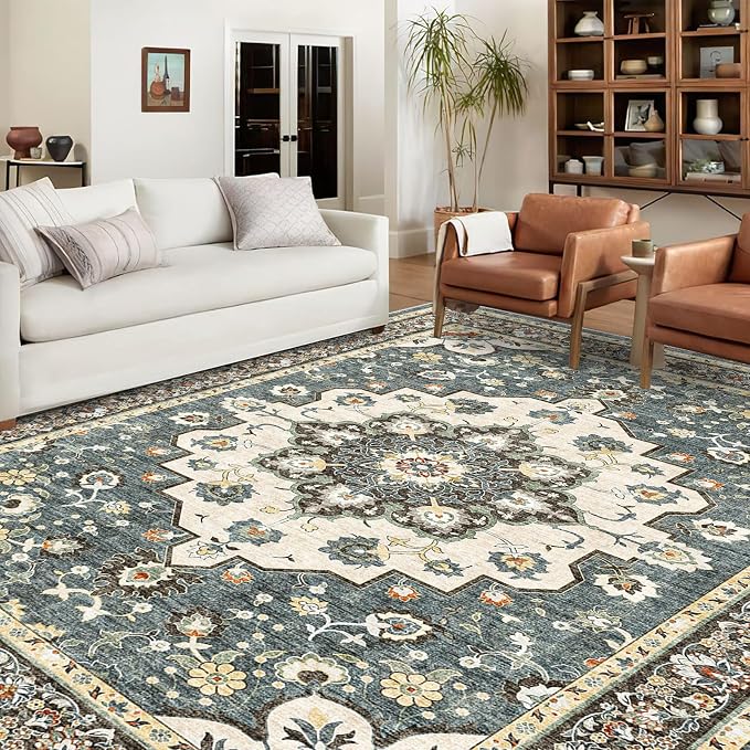 TOPRUUG Washable Oriental Area Rug - 9x12 Rugs for Living Room Soft Carpet for Bedroom Waterproof Floral Distressed Indoor Stain Resistant Non-Shedding Floor Carpets (Blue, 9x12)