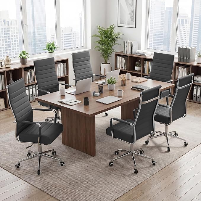 JOMEED Office Desk Chair,Conference Room Chair,High Back PU Leather Swivel | Modern Executive Ribbed Design, Ergonomic, Height Adjustable, Wheels and Arms, for Home Office(Grey-Silver Frame)