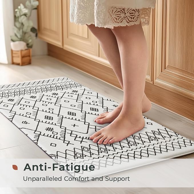 FRESHMINT Moroccan Kitchen Mat Set 2 Piece, 17x30''+17x47'', Bright White | Anti-Fatigue, Non Slip, Comfort, Kitchen Decor, Easy to Clean, Waterproof, Perfect for Kitchen, Laundry, Office