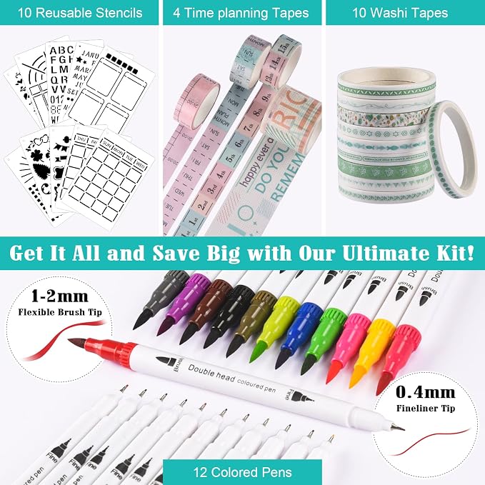 Bullet Dotted Journal Kit, 140gsm Hardcover A5 Dotted Journal with 188 Numbered Pages＆3 Index, 12 Brush Pens Dual Tip, 10 Stencils＆14 Washi Tape, Journaling Supplies for Scrapbooking Lovers, Teal