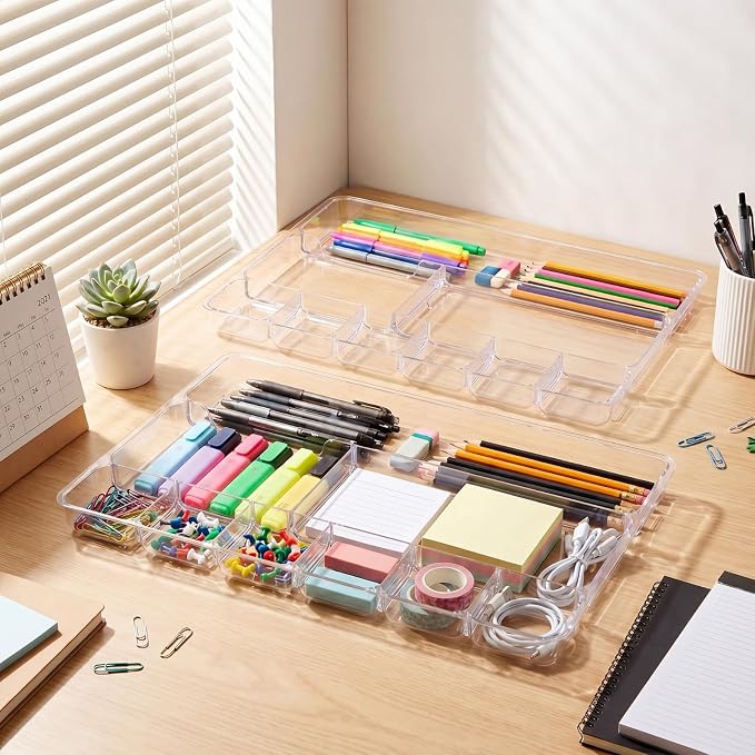 2 Pcs Shallow Drawer Organizers 14" x 9" x 1" Desk Drawer Organizer Tray with 9 Storage Compartments for Home Office Classroom School Organizing Pens Paper Clips Sticky Notes (Clear)