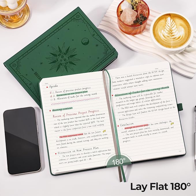 EMSHOI A5 College Ruled Notebook, 320 Numbered Pages 100GSM Ink-Proof Faux Leather Hardcover Lay-Flat Lined Journal for Work Office School Writing, SUN Design, Small 5.75" x 8.38", Dark Green
