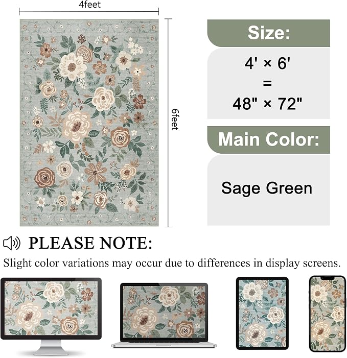 DUKINO 4x6 Feet Office Chair Mat, Lightweight Non Slip Washable Floral Area Rug, Indoor Low Pile & Non-Shedding Boho Design Rugs for Bedroom, Living Room, Dining Room, Sage Green