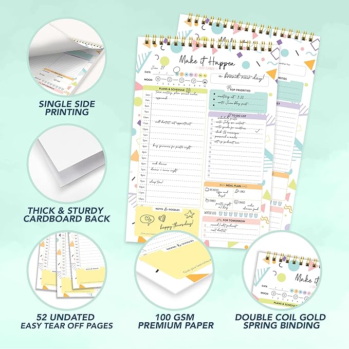 Decorably 52 Sheets Colorful Pastel Undated Daily Planner Pad - 6.5x10in Spring-Bound to Do List Notepad for Schedule, Priorities, Agenda, Water Intake, Meals, Notes and Doodles, Easy Tear-Off Design