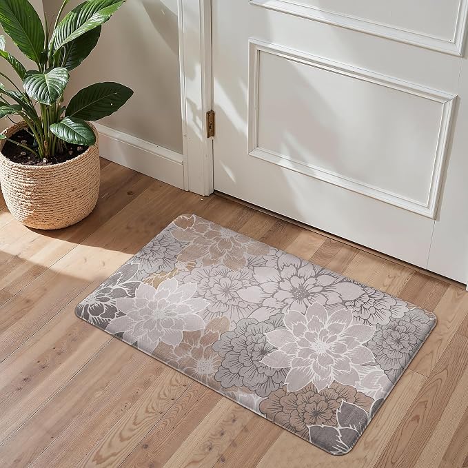 GENIMO Anti Fatigue Kitchen Mats for Floor 2PCS, Cushioned Standing Mats | 17.3"x59"&17.3"x30", Taupe Grey vintage floral rug set, waterproof, non slip, easy-clean for farmhouse