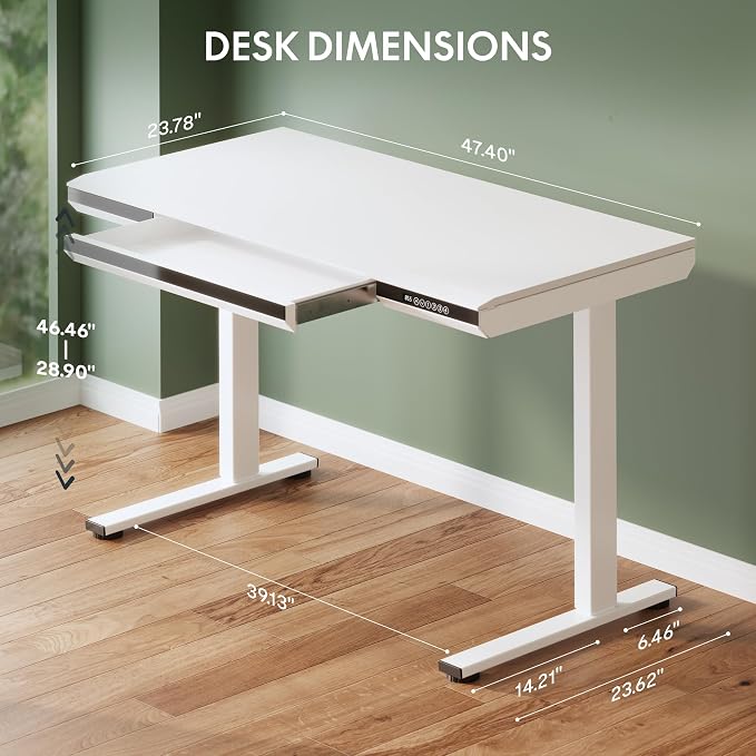 SANODESK 48" One-Piece Standing Desk with Acrylic-Front Drawer, Fast-Assembly Ergonomic Sit-to-Stand Desk with MDF Top, 4 Height Memory Presets Touch-Control, Home Office Computer Workstation, White