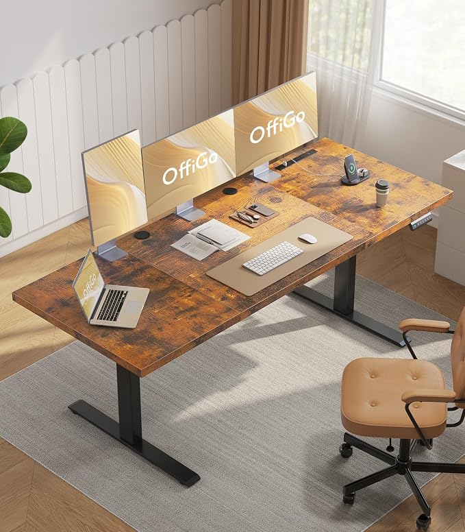 OffiGo 79" Executive Electric Standing Desk Height Adjustable, Rustic Brown | 1.38" Thick 3-Panel Desktop, Power Outlets, 3 Memory Presets, Dual-Beam Frame for Home Office, Workstation, Conference Room