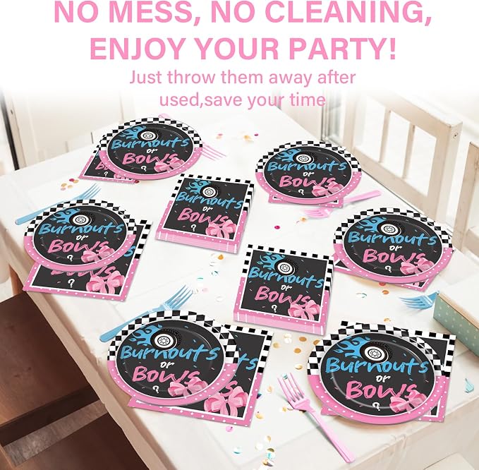 Qyeahkj Burnouts or Bows Gender Reveal Party Supplies Serves 24 Baby Boy or Girl Party Decorations Paper Plates Napkins Gender Reveal Tablecloth Set Tableware Kit for Baby Shower
