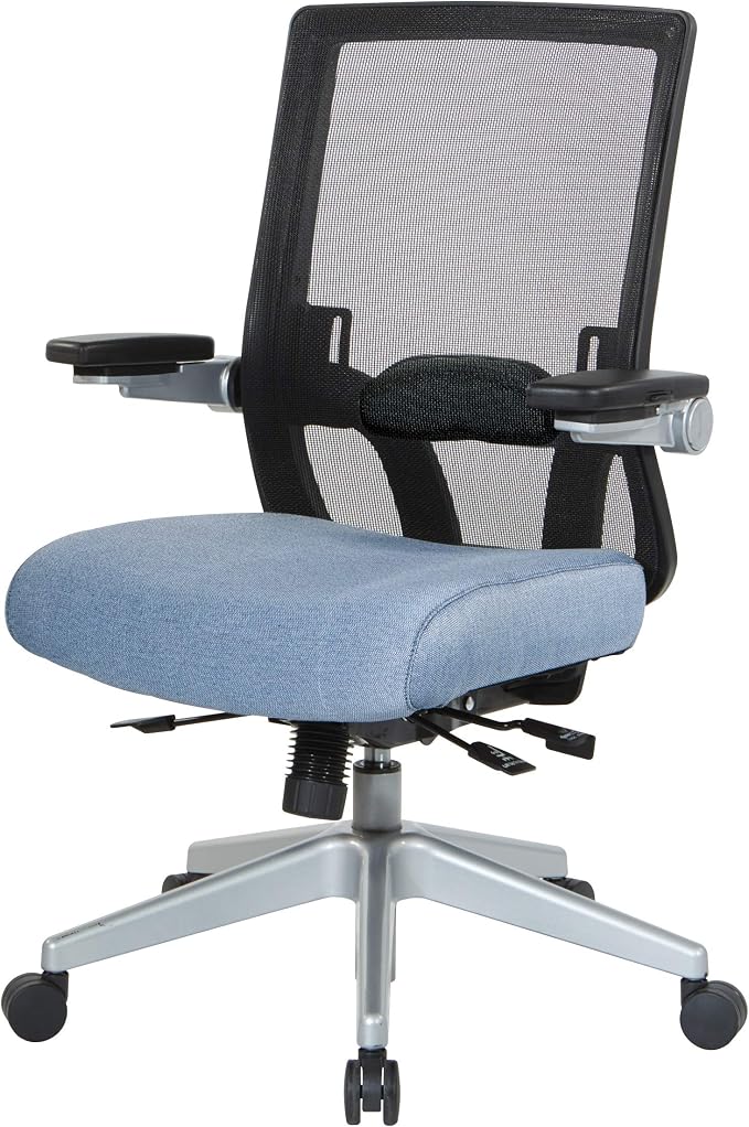 Space Seating 867 Series Adjustable Manager's Chair with Breathable Mesh Back, Lumbar Support and Padded Flip Arms, Blue Fabric Seat with Silver Nylon Base
