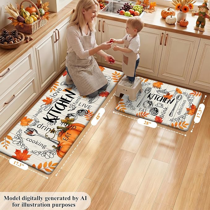 HEBE Fall Kitchen Mat Set of 2, Anti Fatigue Pumpkin Kitchen Mats for Floor | Cushioned Non Slip Autumn Kitchen Rugs and Runner Set, Waterproof Maple Leaf Floor Carpet for Harvest Thanksgiving