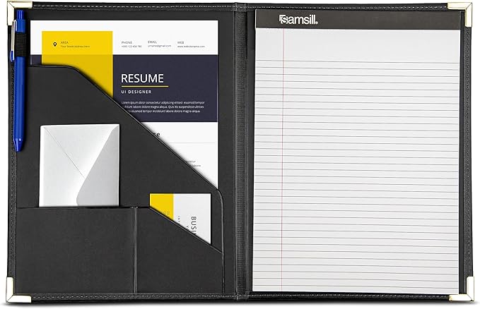 Samsill Classic Collection Business Portfolio - Executive Padfolio for Resume & Document Organizer - 8.5 by 11-Inch Legal Pad, Faux Leather with Brass Corners (Black)