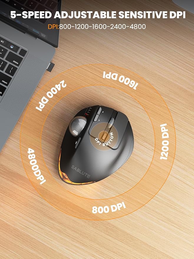 SABLUTE Wireless Trackball Mouse, Hard Travel Case (Include) Ergonomic Bluetooth Rechargeable Computer Mouse, Laptop mice with 5 Level DPI, Adjustable Angle, 3 Devices Connection for PC, Mac, Windows