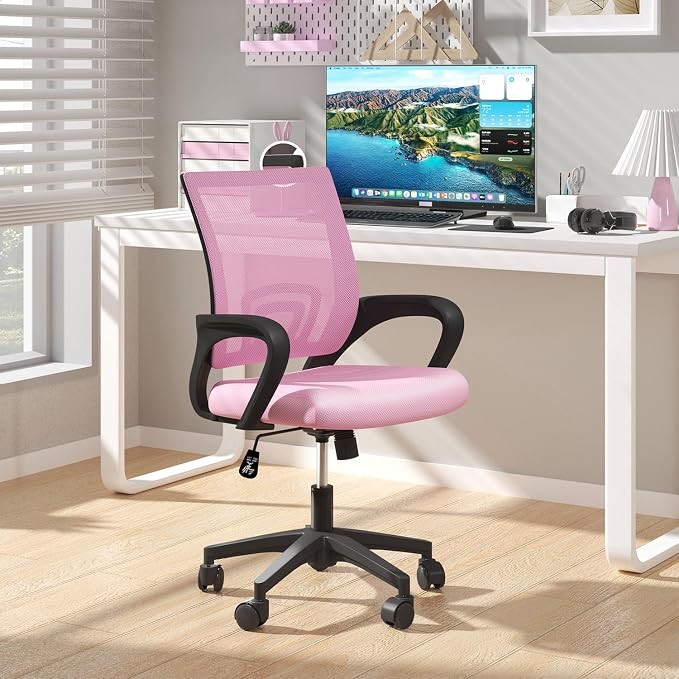 OS MOTOR Ergonomic Mid-Back Mesh Office Chair (Pink) | Lumbar Support, Adjustable Height, Swivel Rolling Design, Comfy Armrest, Home, Office, Work, Study, Gaming, Vanity
