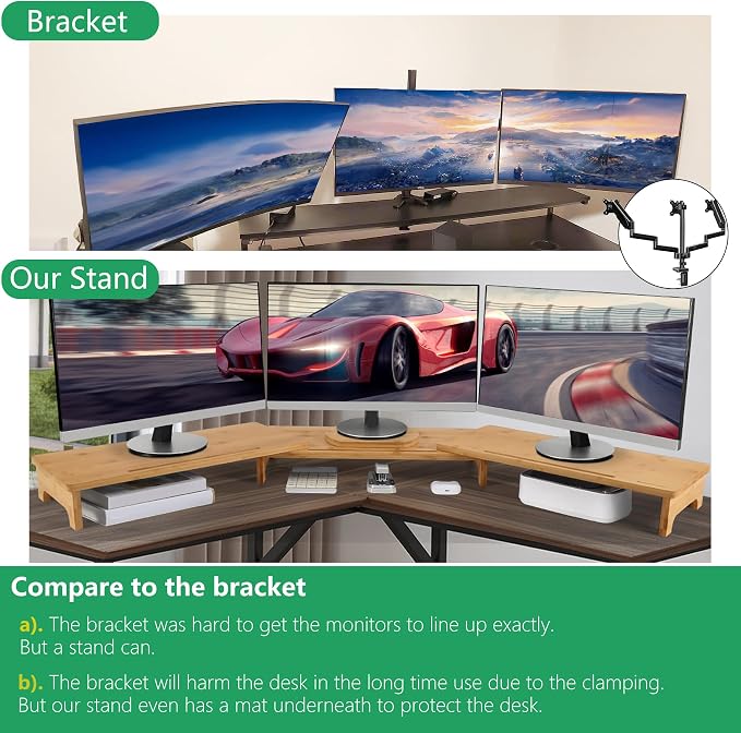 Nnewvante Monitor Stand Riser, 60 inch Bamboo Dual Monitor Stand for Desk | Adjustable Length Angle, 3 Shelves Desktop Screen Riser, For Computer Laptop PC