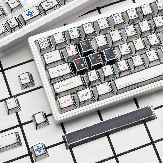 Retro Anime PBT Keycaps-Cherry Keycaps, Custom Keyboard Key caps 60 65 75 100 Percent, 5 Side Dye Sublimation 137 Keys Set for Cherry Gateron MX Switches Keyboards, White (Classic Game Theme)