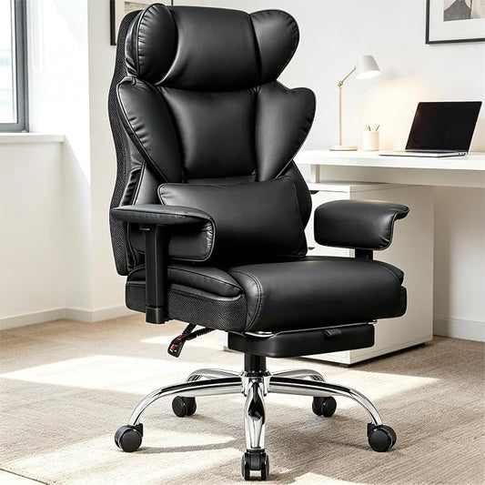 Big & Tall Office Chair, Ergonomic High Back with Footrest Black | 400 LBS Heavy Duty Steel Frame for Plus-Size Users, 23.6" Wide Cushioned Seat, 165° Recline, Ajustable Arms, Lumbar Support