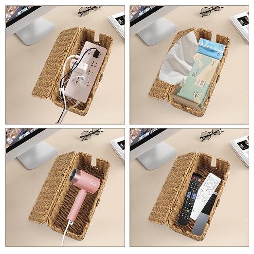 2 Pack Rattan Cable Management Box, Large Cord Organizer Box with Lid Under Desk Router Hider Storage Box with 4 Exits, Wire Box Hider for TV Wires Computer Surge Protector USB Hub Power Strip