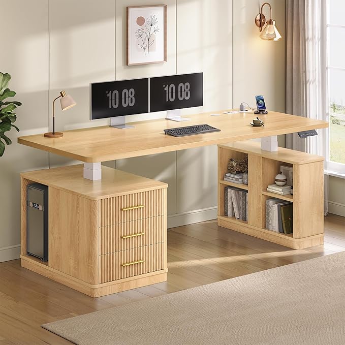 SEDETA Modern Fluted Electric Standing Desk, 63" Height Adjustable Computer Desk with 3 Drawers, Storage Shelves, Power Outlets, Wood Home Office Stand up Desk for Work, Study, Writing, Oak