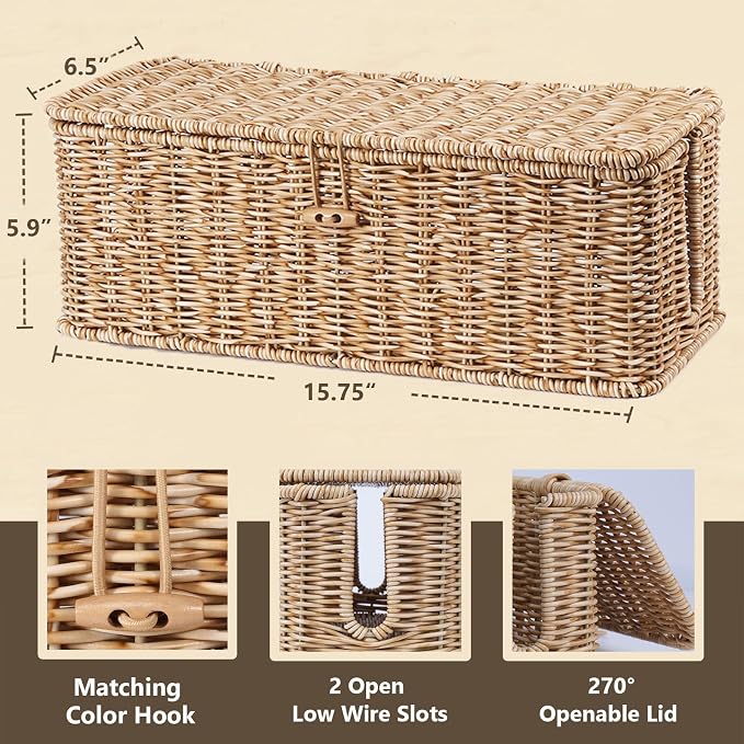 BROWNLILY Cable Management Box, Rattan Style Cord Organizer for Desk Cord Hider Outlet Covers for Power Strip TV PC Router Charger Under Desk Storage with Lockable Lid and Cable Ties