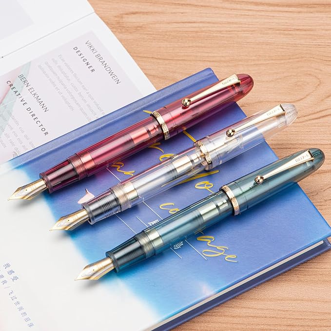 Jinhao 9019 DaDao Series Fountain Pen, Size 8 Fine Nib with Large Ink Converter, Transparent Light Blue Acrylic Design Smooth Writing Pen (Gold Trim)