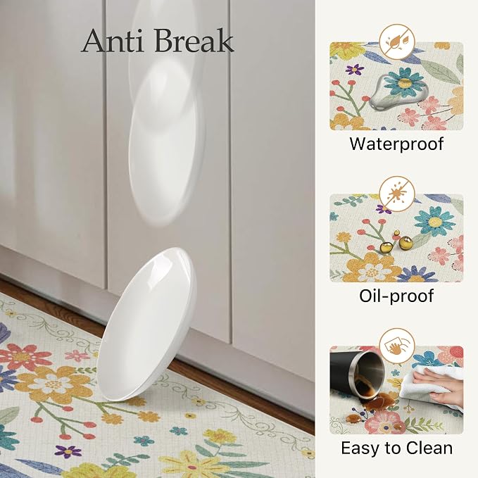 GENIMO Anti Fatigue Kitchen Mats for Floor 2PCS, Cushioned Standing Mats | 17.3"x47"&17.3"x30", SoftWhite vintage floral rug set, waterproof, non slip, easy-clean for farmhouse