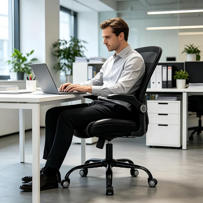 PU Leather Mesh Ergonomic Office Chair with Adjustable Arms Lumbar Support | Adjustable Height High Back Mesh Support with Flip up Armrests, Swivel Task Chairs for Home Office Computer 400BLS