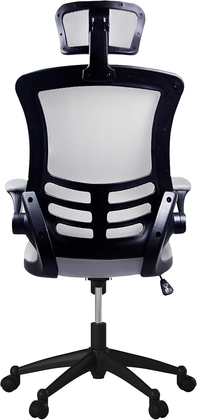 Techni Mobili High-Back Mesh Office Chair with Headrest,Recline,Silver Grey | Executive mesh office chair, adjustable headrest, flip-up arms, recline control, height adjustable, swivel chair, ergonomic