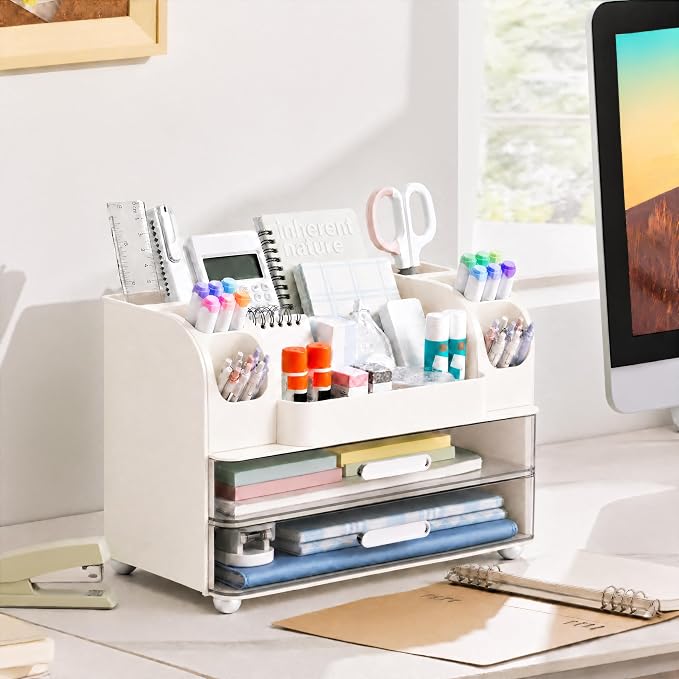 HBlife Desk Organizer with Pencil Pen Organizer for Desk, Pen Holder with 2 Drawers, Desk Organizers and Accessories with Compartments, Desktop Storage for Office Home School Art Supplies, White