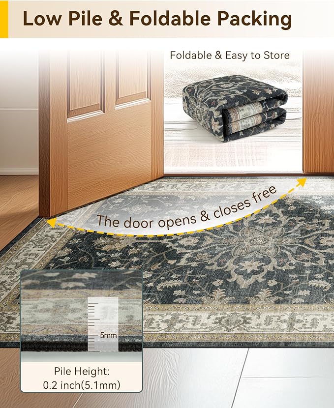 RELEANY Area Rugs Small 2'x3' Washable Non-Slip, Floral Vintage Distress Medallion Carpet for Kitchen Entryway Bathroom, Vintage Black Brown Neutral