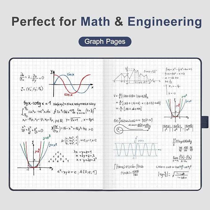 AHGXG Graph Grid Paper Notebook, 160 Pages, A5 Medium Size (5.7'' x 8.3''), 120 GSM Thick Paper, Leather Hardcover, for School, Students, Math, Engineering (Blue)