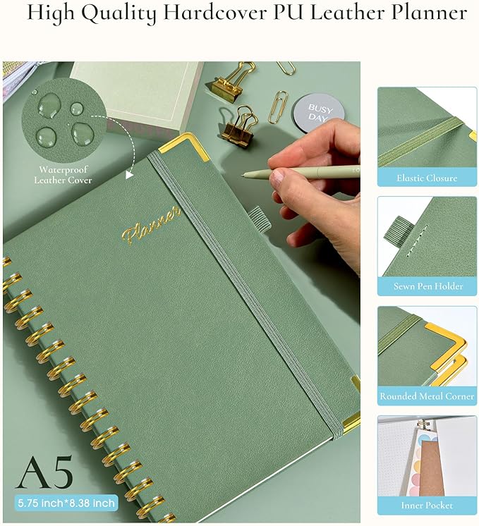 Undated Weekly Planner, Hardcover Leather Weekly & Monthly Calendar Blank Planner, To Do List Notebook with Goal & Habit Tracker Organizer, A5 Daily Planner with Spiral Binding, Ideal for Work School Home, Green