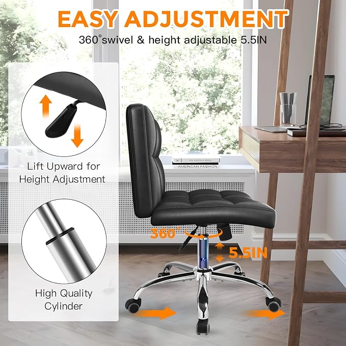 Black Office Chair with Wheels - 360° Swivel Armless Back Support，Comfortable Pu Adjustable Rolling Desk Chairs for Office，Home，Vanity，Bedroom，Big Space (Widened Black)