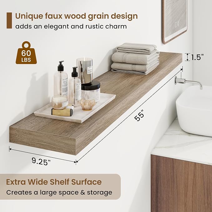 Marsmiles 55in Floating Shelves for Wall, 55" W x 9.25" D x 1.5" H, Long Wall Mounted Engineered Wood Shelves with Invisible Brackets for Living Room, Bedroom, Bathroom, Kitchen, Grey, 2Pcs