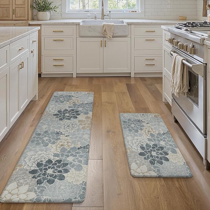 GENIMO Anti Fatigue Kitchen Mats for Floor 2PCS, Cushioned Standing Mats | 17.3"x59"&17.3"x30", Light Blue vintage floral rug set, waterproof, non slip, easy-clean for farmhouse
